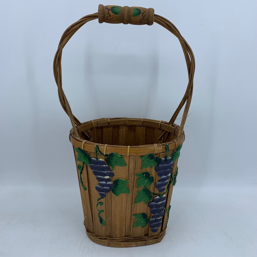 Vtg Woven Bamboo Grape Basket Cottagecore Painted Fruit Decor Rustic Country